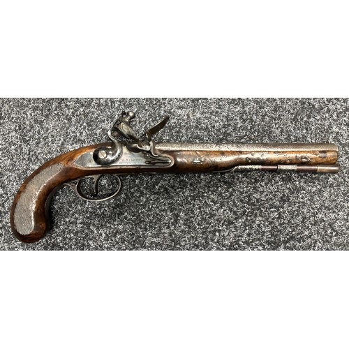 2437 - English Flintlock Pistol with 220mm long barrel, bore approx. 13mm. Lock is marked 