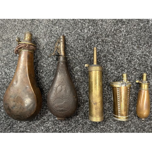 2441 - A collection of Four Powder Flasks and One Shot Flask.  Pistol flask is maker marked 