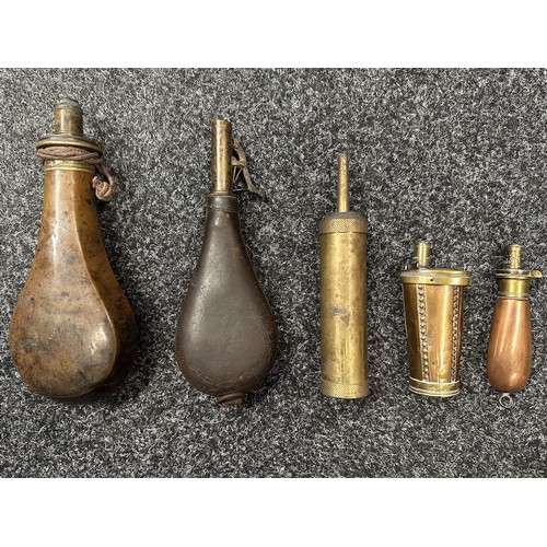 2441 - A collection of Four Powder Flasks and One Shot Flask.  Pistol flask is maker marked 