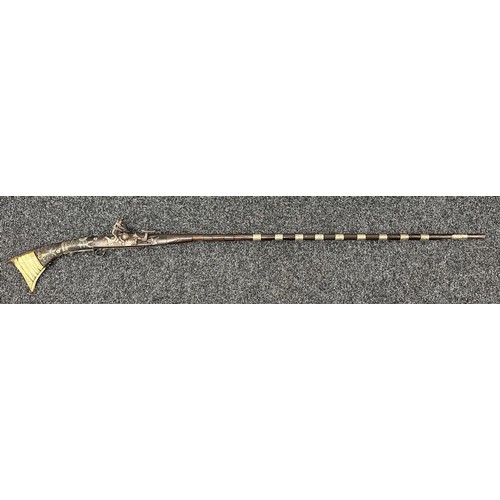 2442 - Flintlock Jezail Camel Gun with 121cm long barrel. Decorated with bone, brass, white metal and red e... 