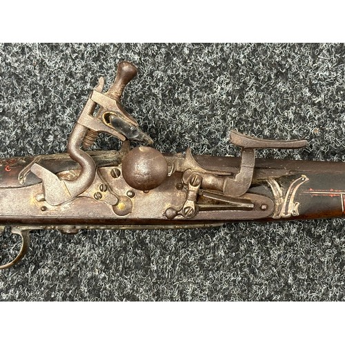 2442 - Flintlock Jezail Camel Gun with 121cm long barrel. Decorated with bone, brass, white metal and red e... 