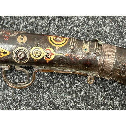 2442 - Flintlock Jezail Camel Gun with 121cm long barrel. Decorated with bone, brass, white metal and red e... 