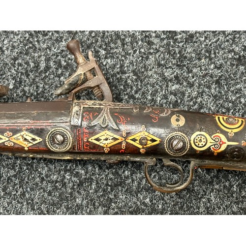 2442 - Flintlock Jezail Camel Gun with 121cm long barrel. Decorated with bone, brass, white metal and red e... 