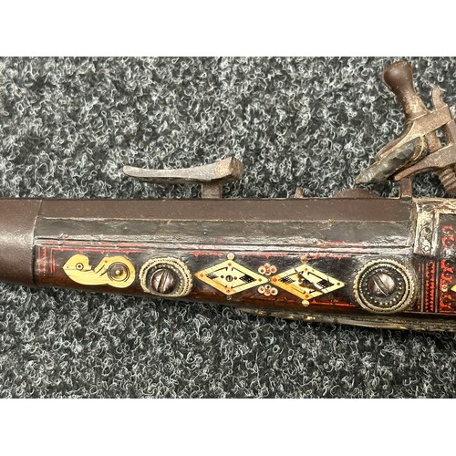 2442 - Flintlock Jezail Camel Gun with 121cm long barrel. Decorated with bone, brass, white metal and red e... 