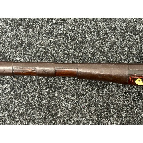 2442 - Flintlock Jezail Camel Gun with 121cm long barrel. Decorated with bone, brass, white metal and red e... 