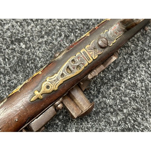 2442 - Flintlock Jezail Camel Gun with 121cm long barrel. Decorated with bone, brass, white metal and red e... 