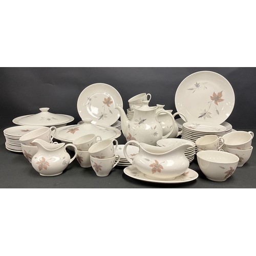 677 - A Royal Doulton Tumbling Leaves pattern dinner, tea and coffee set, TC 1004; including a pair of veg... 