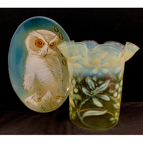 13 - Emily Rhind Islay studio pottery dish, decorated with white night owl, included mark to front and ba... 