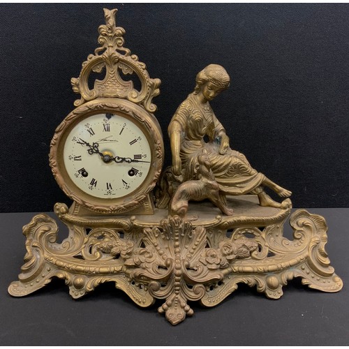 16 - An Italian/German Lancini mantel clock, cast gilt metal case as a seated Girl with Hound Dog, cream ... 