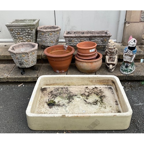 52 - Garden items - a shallow rectangular sink, 16cm x 76cm x 51cm;  pair of octagonal planters, others r... 