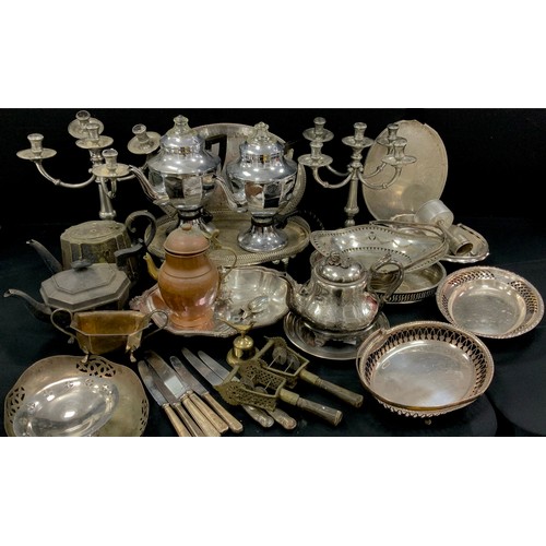 54 - Plated ware - a pair of five branch candelabrums, 32cm high, pierced dishes, galleried trays, planis... 