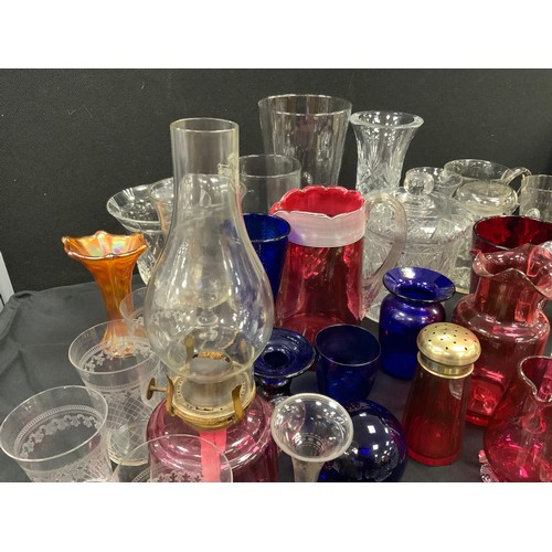 78 - 19th century glass and later including; Cranberry glass jugs, beakers, vases, a oil lamp; Bristol Bl... 