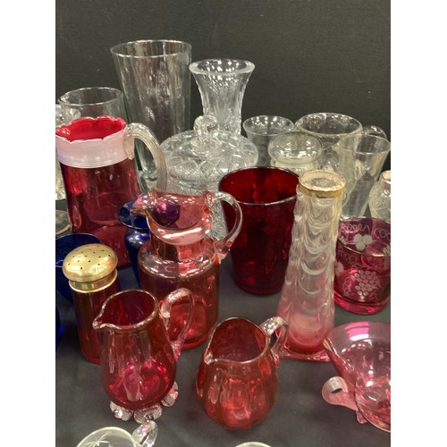 78 - 19th century glass and later including; Cranberry glass jugs, beakers, vases, a oil lamp; Bristol Bl... 