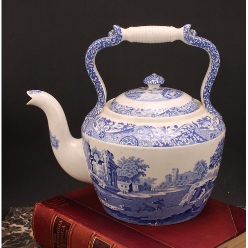 32 - A large Spode Italian pattern blue and white teapot or kettle, black mark, 30cm high