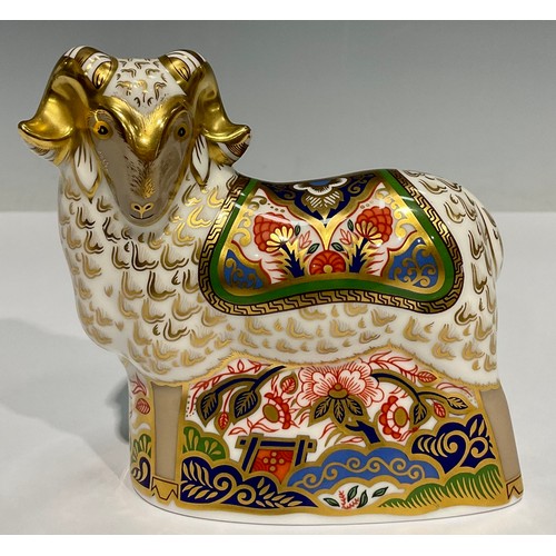 35 - A Royal Crown Derby paperweight, Imari Ram, visitor's centre exclusive, gold stopper, 10.5cm,printed... 