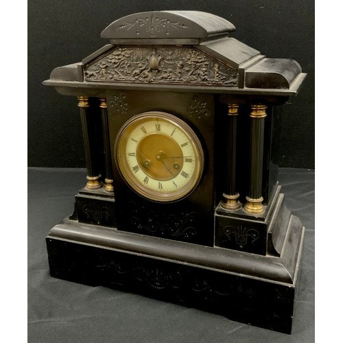 91 - A 19th century black marble mantle clock, black Roman numerals on a cream chapter ring, with a pavil... 