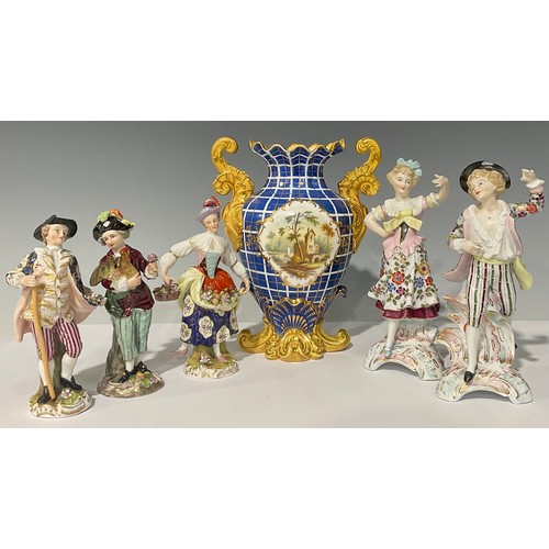 41 - A pair of Sitzendorf porcelain figures, of dancers, 29cm high; a pair of French porcelain figures, o... 