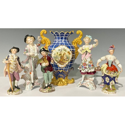 41 - A pair of Sitzendorf porcelain figures, of dancers, 29cm high; a pair of French porcelain figures, o... 