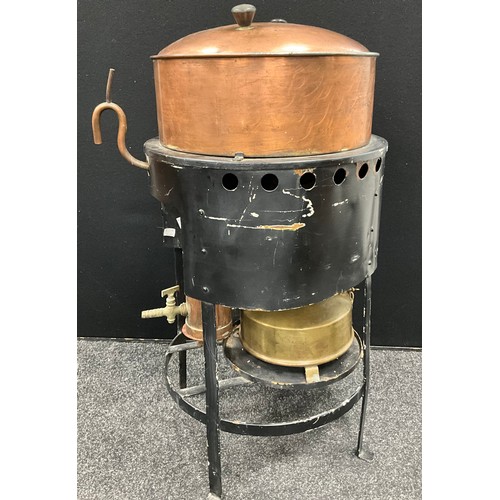 98 - A Copper and mixed metal vapor separator/still or sterilizer  vessel, twin handled cover, overflow t... 