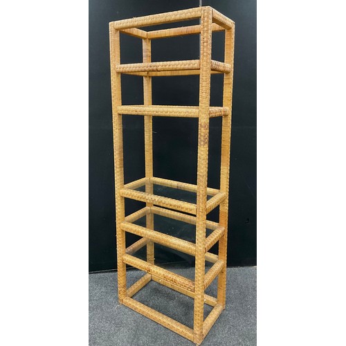 100 - A contemporary woven split-cane five tier open shelving unit, glazed shelves, 198cm high x 70cm wide... 