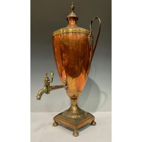 57 - A 19th century copper and brass Neo-Classical pedestal tea urn or samovar, lofty cover with pierced ... 