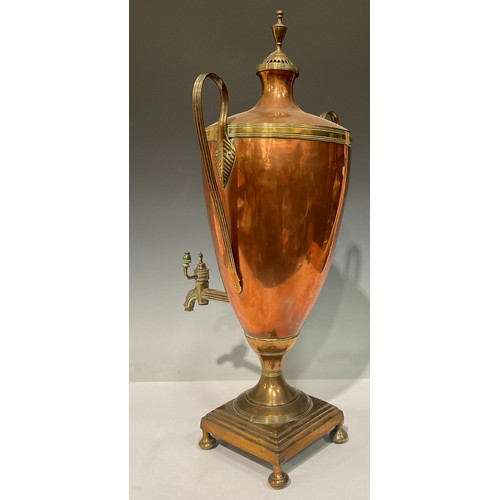 57 - A 19th century copper and brass Neo-Classical pedestal tea urn or samovar, lofty cover with pierced ... 