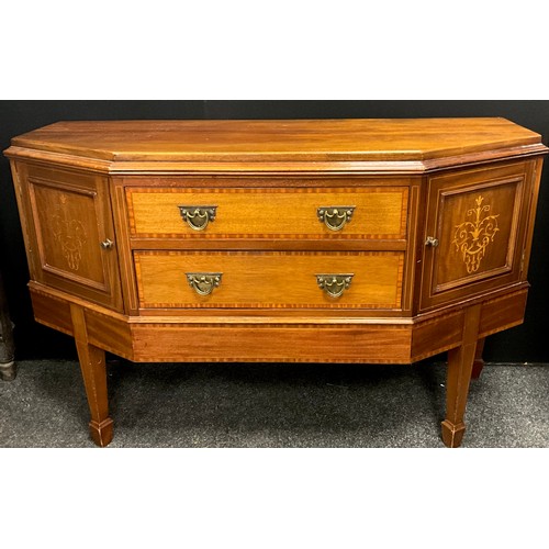 119 - An Edwardian inlaid mahogany canted sideboard, two drawers between two cupboard doors, 77cm x 120cm ... 