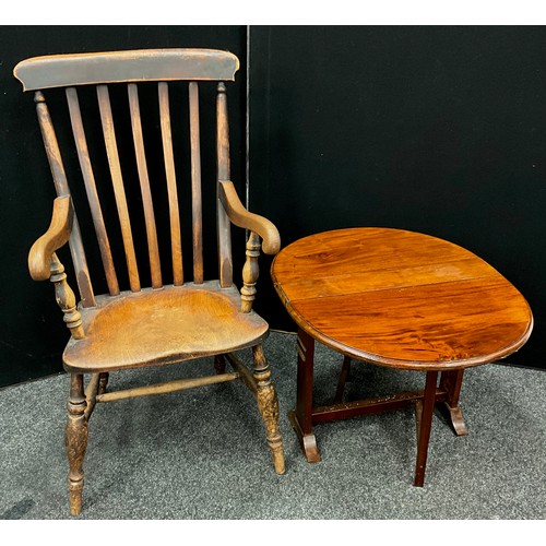 122 - A Victorian elm Lath-back armchair, 104cm high (45cm to seat) x 59.5cm wide;  a mahogany drop-leaf s... 