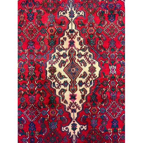 125 - A North West Persian Hamadan Carpet, multi-tones of cream, blue, green and yellow, red filed, 302cm ... 