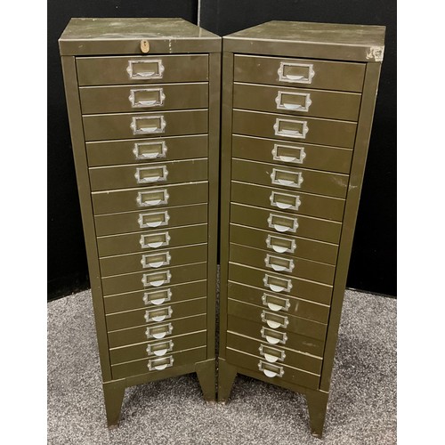 144 - Two vintage ‘Stor’ 15 drawer metal filing cabinets, in dark green finish, one being slightly deeper,... 