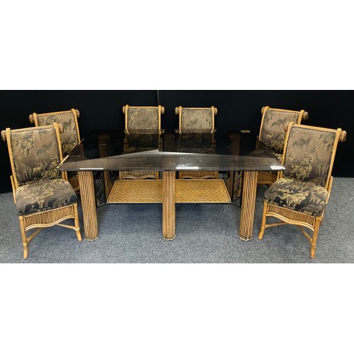 162 - Contemporary design furniture - a glass-top bamboo and split cane dining suite, comprised, table, 78... 