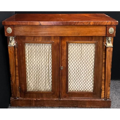 182 - A George IV mahogany chiffonier, brass Egyptian masks and lattice grill doors, 94cm x 104cm x 34cm