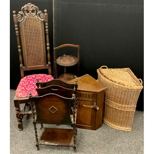 188 - A priory style oak corner cupboard, 56cm high x 43.5cm wide;  an Edwardian oak three tier cake stand... 