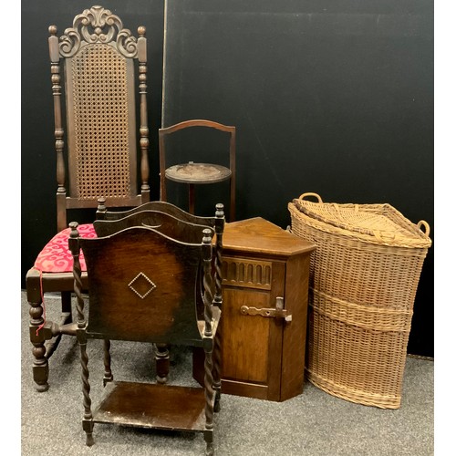 188 - A priory style oak corner cupboard, 56cm high x 43.5cm wide;  an Edwardian oak three tier cake stand... 