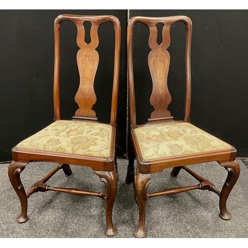 189 - A pair of late Victorian inlaid dining chairs in the 1720 style, possibly later inlaid with Minstrel... 