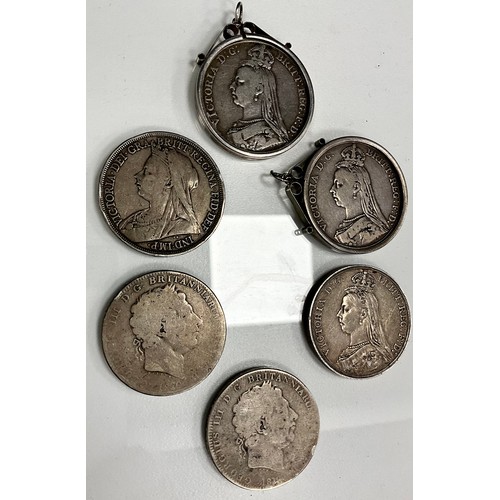 222 - Coins - George III silver crown, dates worn possibly 1813 and 1820;  others Victorian 1889, 1890, 18... 