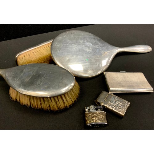 246 - Silver - a small cigarette case, Birmingham 1929;  matched dressing table set, mirror, brush and hai... 