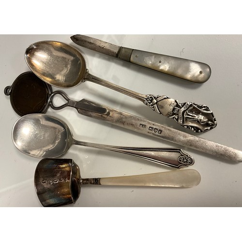 248 - A George III silver caddy spoon, mother of pearl handle, Samuel Pemberton, Birmingham 1806; A Barret... 