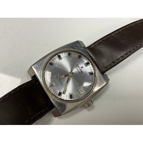 258 - Watches - an Edox Delfin brushed steel TV square cased watch, round silvered dial, block baton marke... 