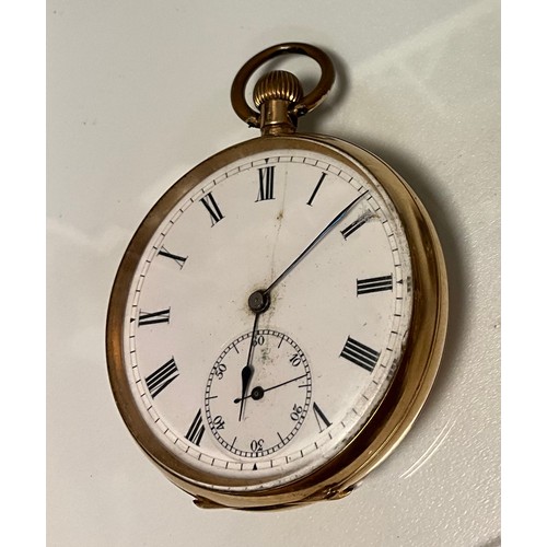 266 - A 14ct gold cased open face pocket watch, 49mm diameter, white enamel dial, Roman numerals, minute t... 