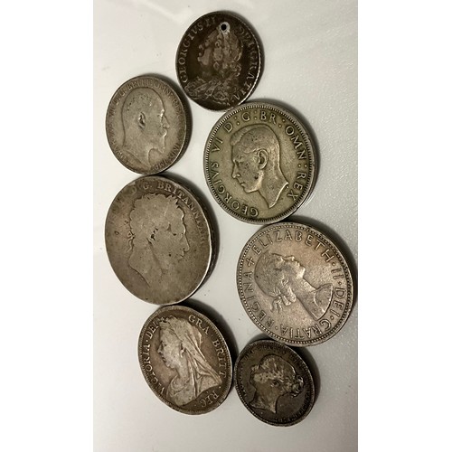 268 - Coins - a George III silver crown, c.1820, George II 1758 shilling, (drilled), 1873 shilling;  1901 ... 