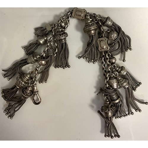 272 - A silver Albertina bracelet with fifteen tassel drops, appears unmarked, 19cm long, 65g gross