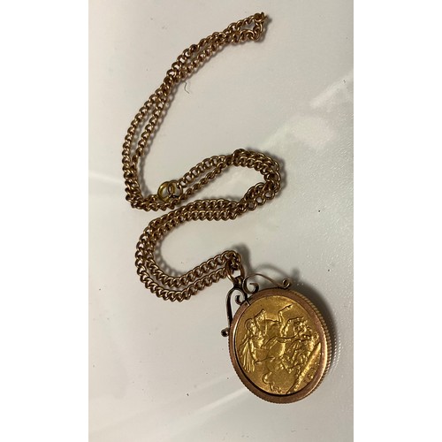 285 - A Victorian Sovereign pendant necklace, 1895, 9ct gold mount, unmarked yellow metal chain, 17.2g gro... 