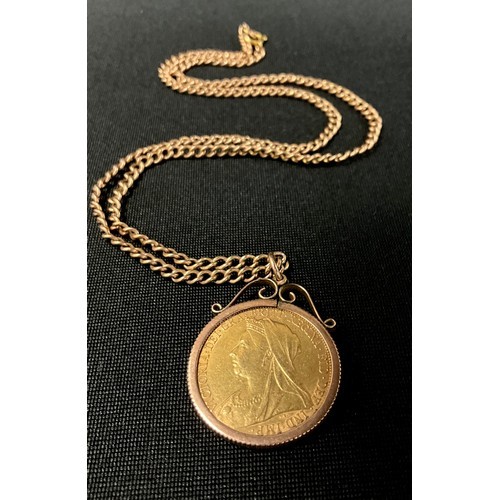 285 - A Victorian Sovereign pendant necklace, 1895, 9ct gold mount, unmarked yellow metal chain, 17.2g gro... 