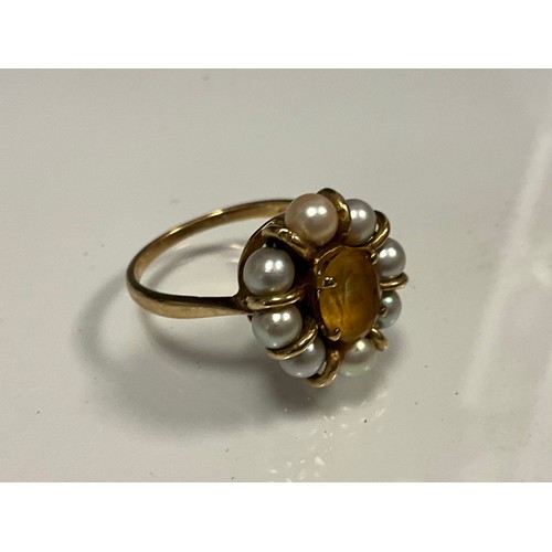 312 - A citrine and cultured pearl floral cluster ring, 9ct gold shank, size P, 4.6g gross