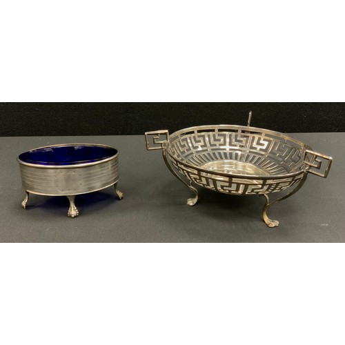 242 - A Mappin and Webb Greek key design sweet meat dish, tri-pod feet, 1908,13cm dia; a George III silver... 