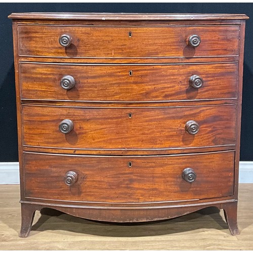 607 - A 19th century mahogany bowfront chest, of four long graduated drawers, 92.5cm high, 94.5cm wide, 56... 