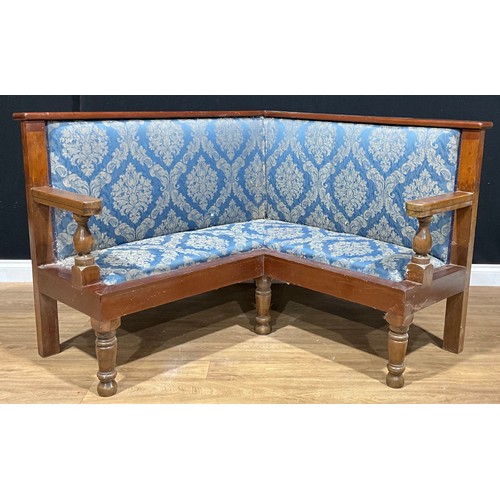 656 - A 19th century style public house or bar corner bench, 93.5cm high, 131cm wide, 123.5cm deep