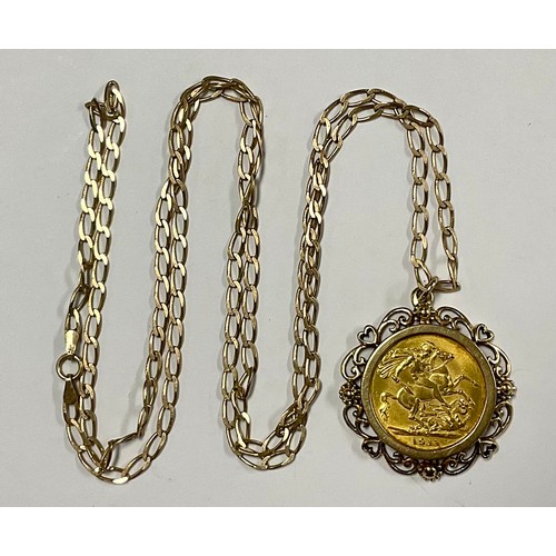 574 - A George V sovereign pendant necklace, 1911, Canada mint, 9ct gold mount and chain, 18.6g gross