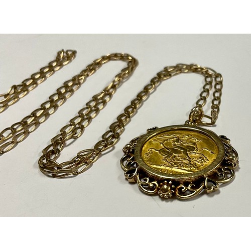 574 - A George V sovereign pendant necklace, 1911, Canada mint, 9ct gold mount and chain, 18.6g gross